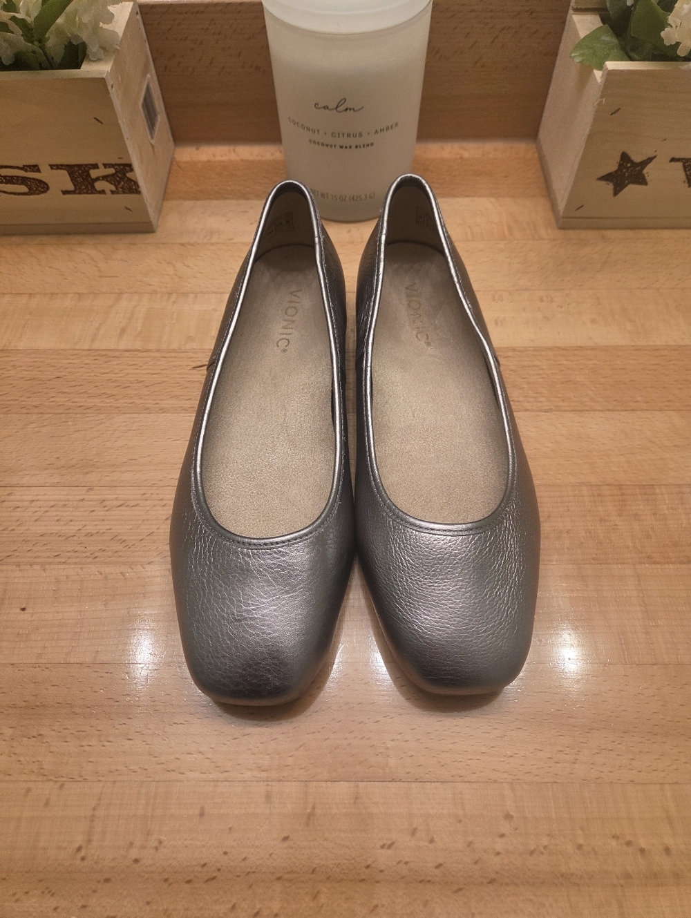 Vionic Orinda Square Toe Ballet Flats Pewter Genuine Leather Women's Size 8.5 - Picture 2 of 9